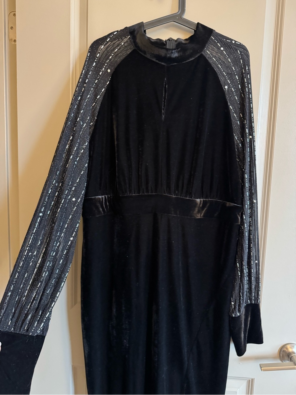 SHEIN Black Velvet Long-Sleeve Dress with Silver Metallic Stripe Sleeves